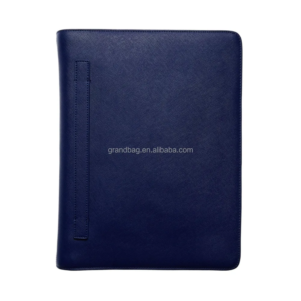 Luxury genuine saffiano leather A4 compendium Zip around smooth leather strap business portfolio