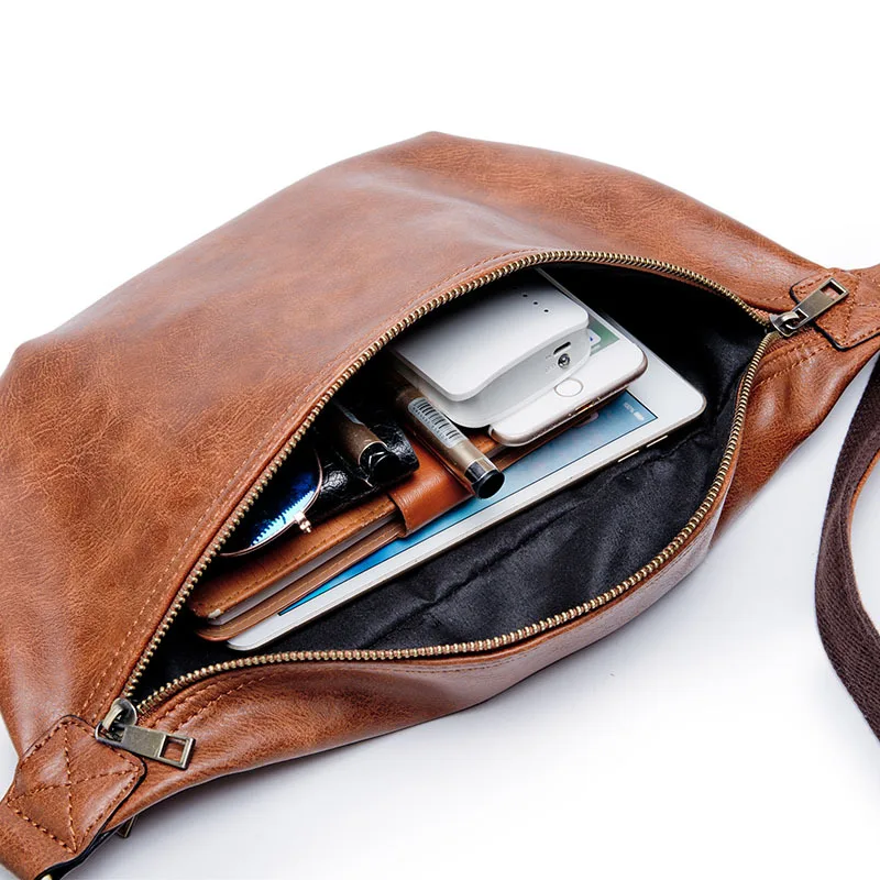 High quality black mens leather fanny pack soft PU waist bum bag