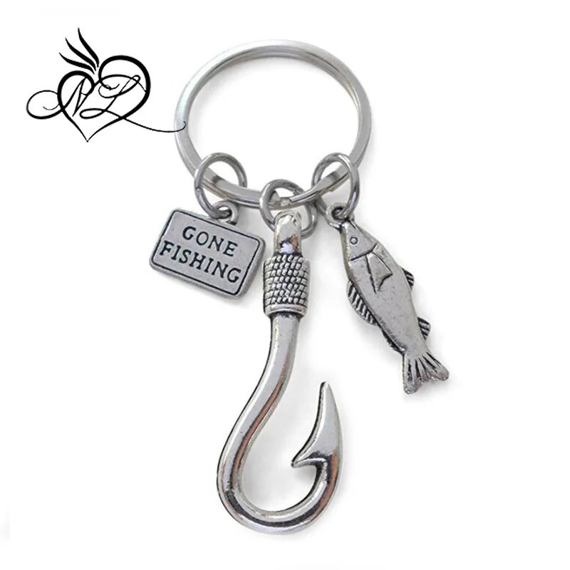 Gone Fishing Fish Hook Keychain with Small Fish Charm