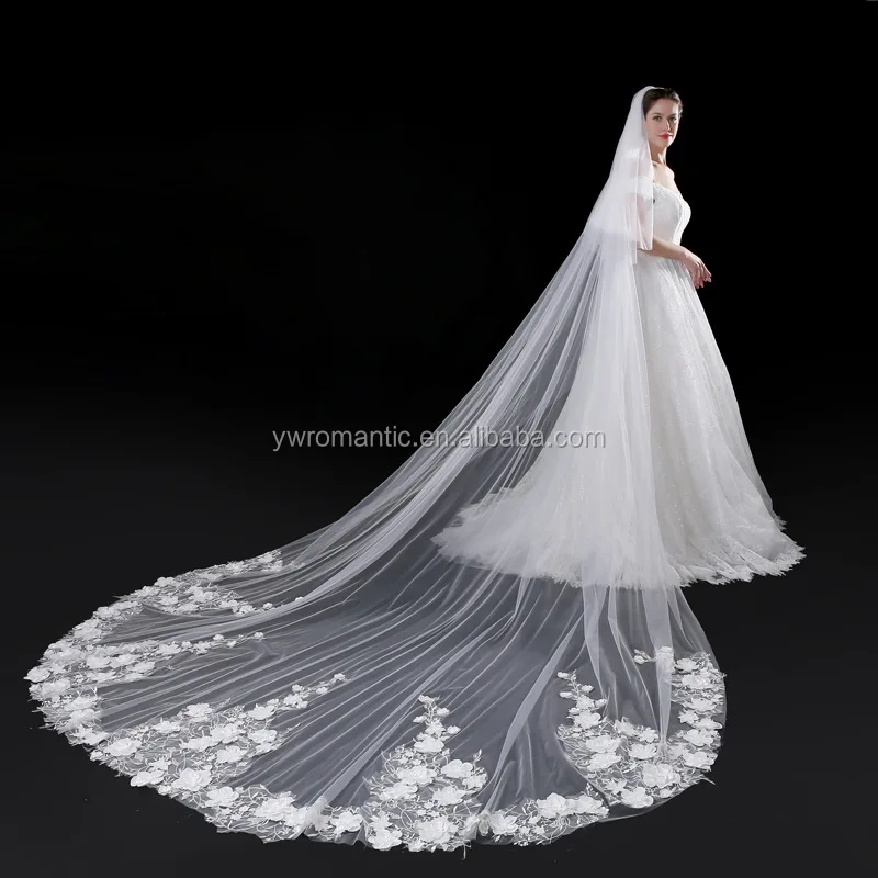 
Latest Design White Embroidery Long Cathedral Applique 5M Wedding Veil For Bride 