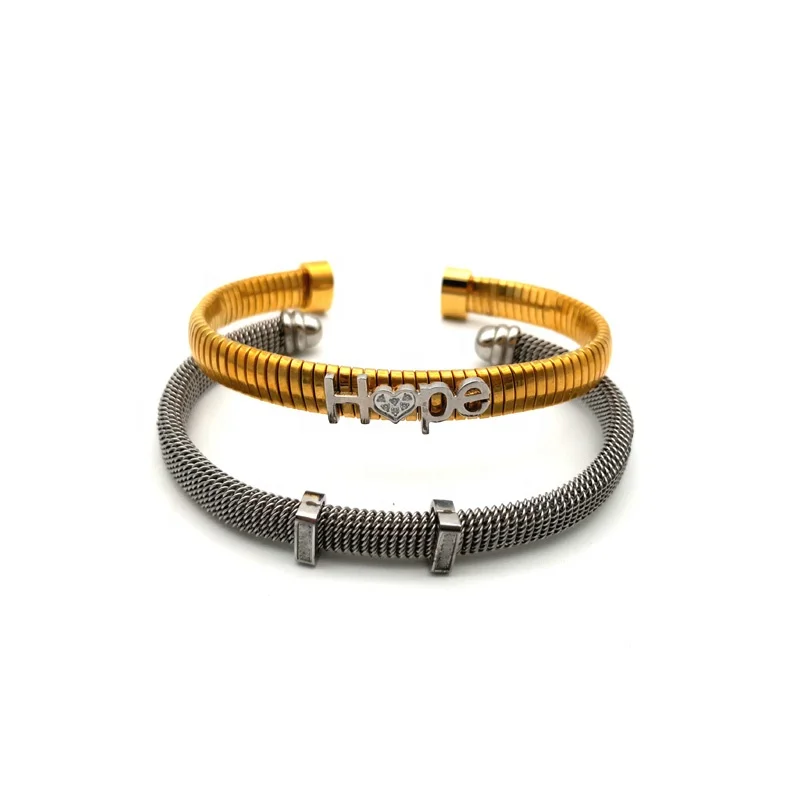 Stainless Steel  Two-Tone Positive Energy HOPE Word Cable Wire Men Bangle Women Bracelet Jewelry