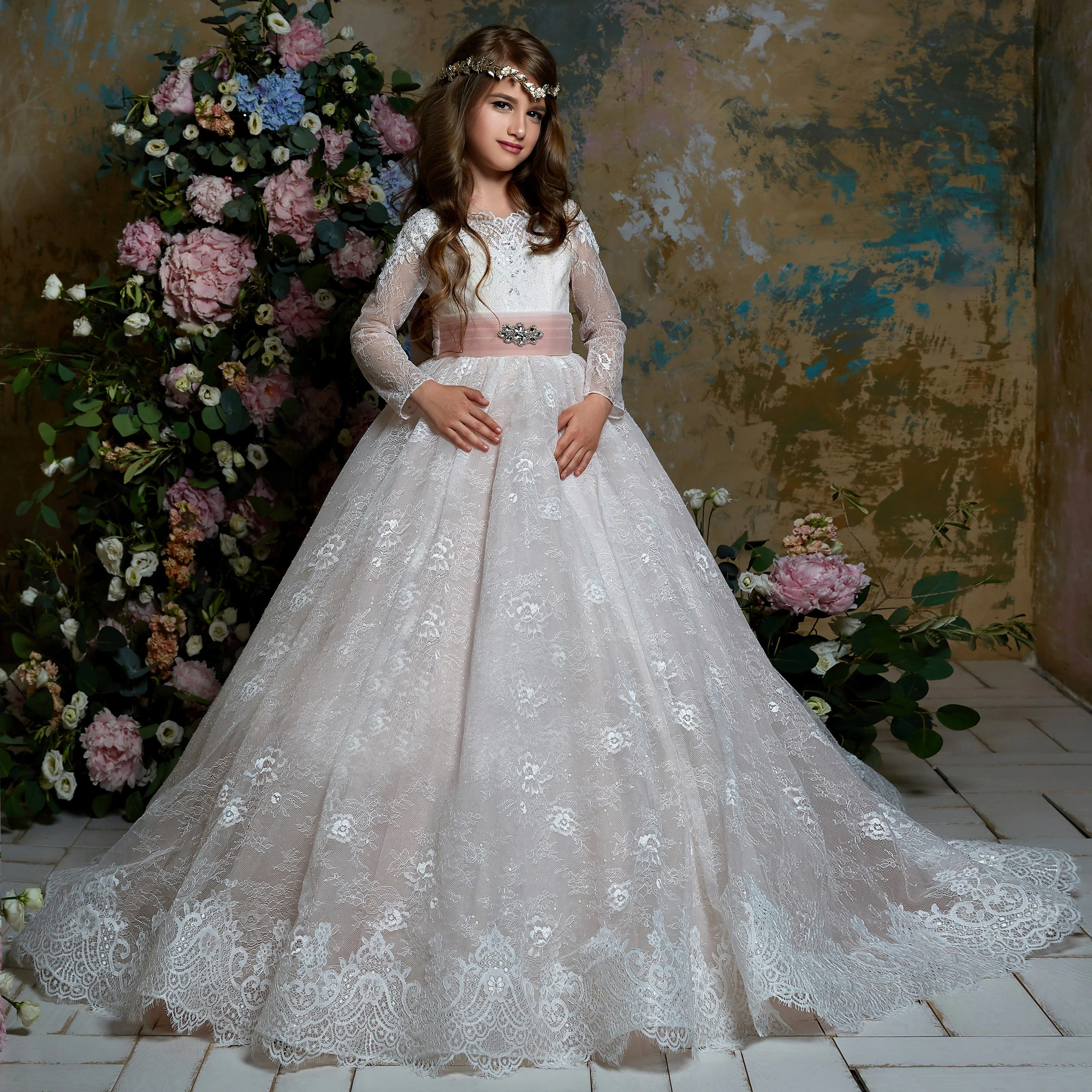 Lace Puffy Flower Girl Dress for Weddings Tulle Ball Gown Girl Party Communion Dress Pageant Gown