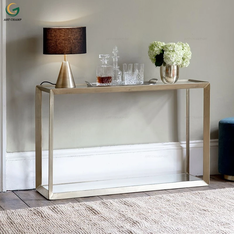 Современный стол-консоль с цементным выдвижным ящиком, под античное дерево, с латунными ножками