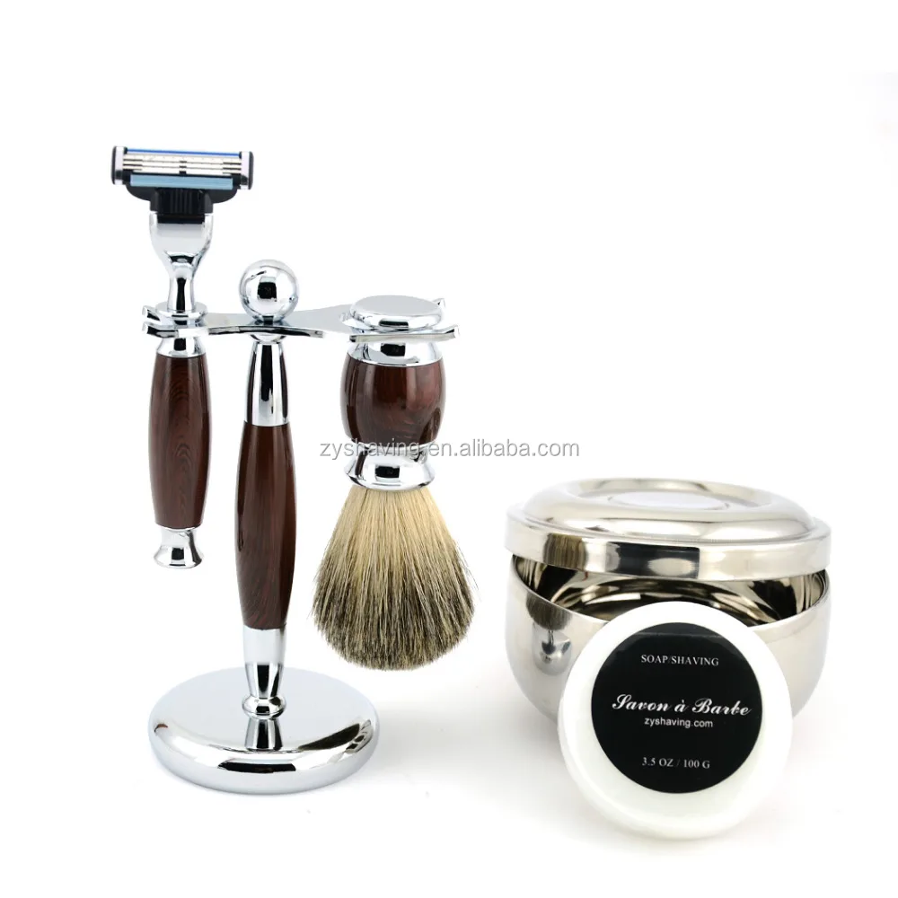ZYshaving Hot Sale 5in1  HIgh Quality Badger Hair Mens Stand Badger Hair Brush Safety Razor Soap Bowl Barber Shaving Set