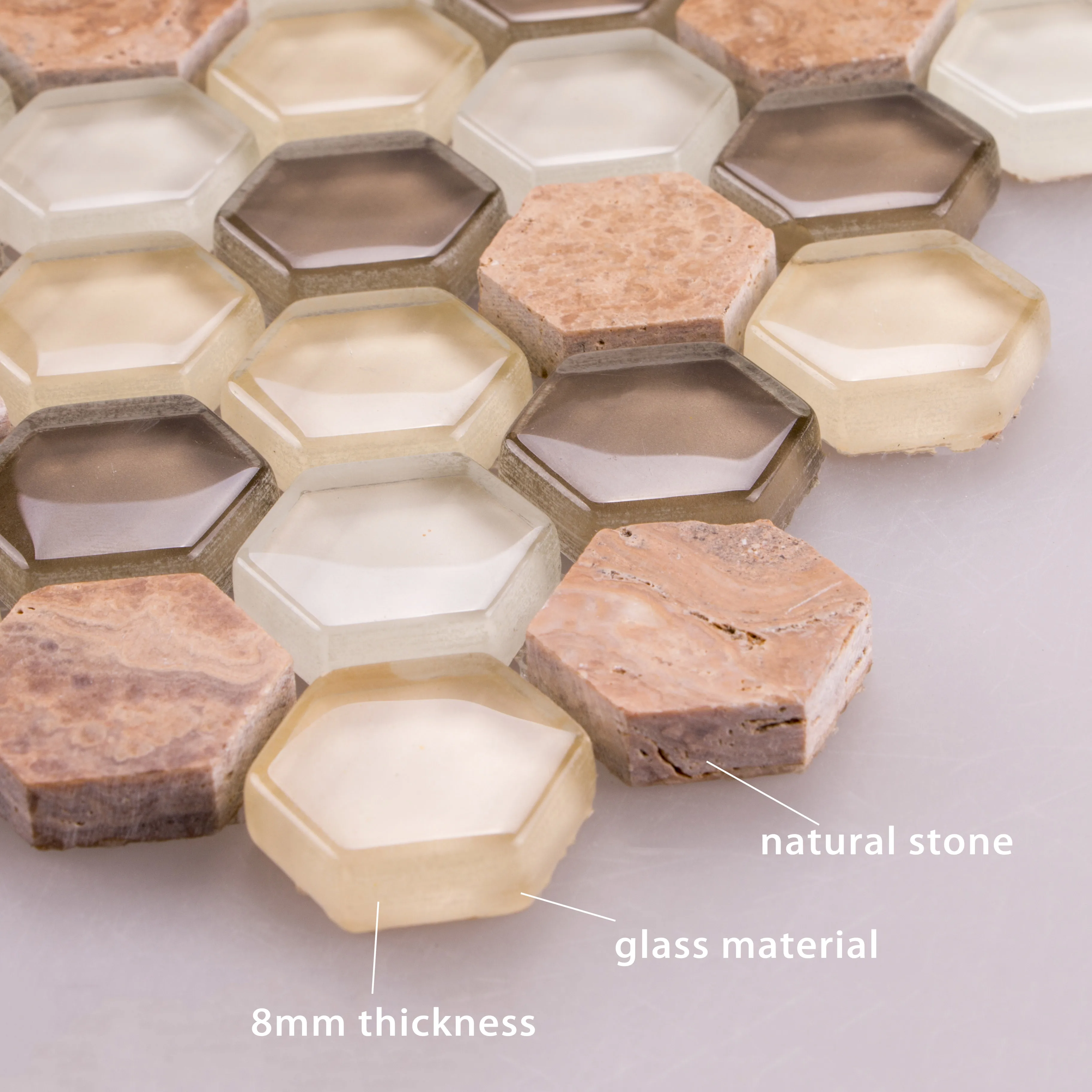 Orange brown color water jet hexagonal marble stone glass mosaic tiles