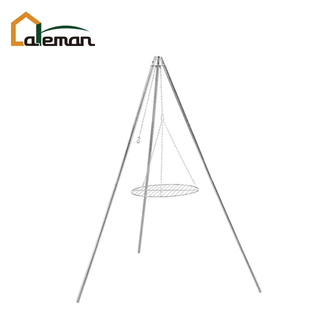 Chromed Steel Tripod Barbecue Stand, Tri-pod Cooker w/Round BBQ Grill/Campfire Grill & Lantern Hanger OEM Orders Accepted