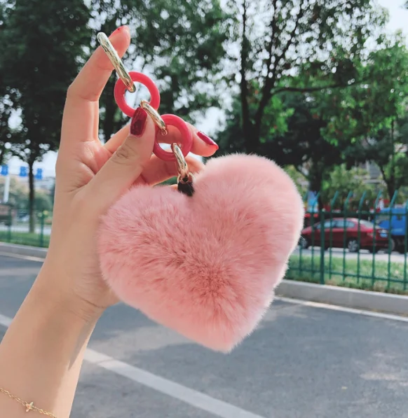 Fashion Custom Heart Shaped Faux Rabbit Fur Pom Pom Keychain