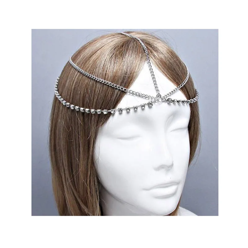 Minimalist Women Hair Accessories Color Gold Color layered Rhinestone Thin Head Chains Harness Wedding Tiaras Jewelry Headdress