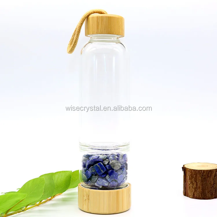 
Glass Drinking Bottle healing crystal water bottle with Bamboo Lid 
