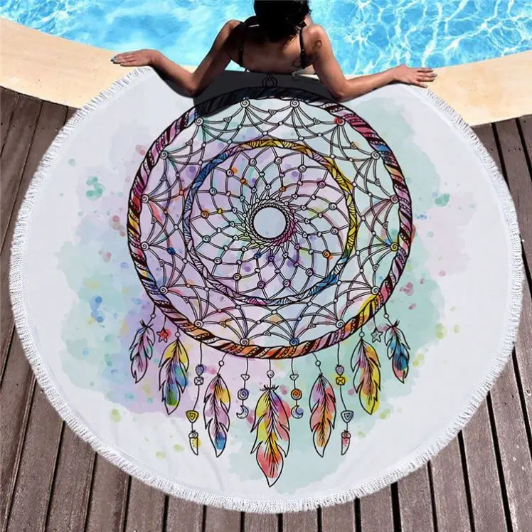 Terry Teenage Girl Beach Towel Yoga Mat Colorful  Dreamcatcher Round Beach Towel For Women