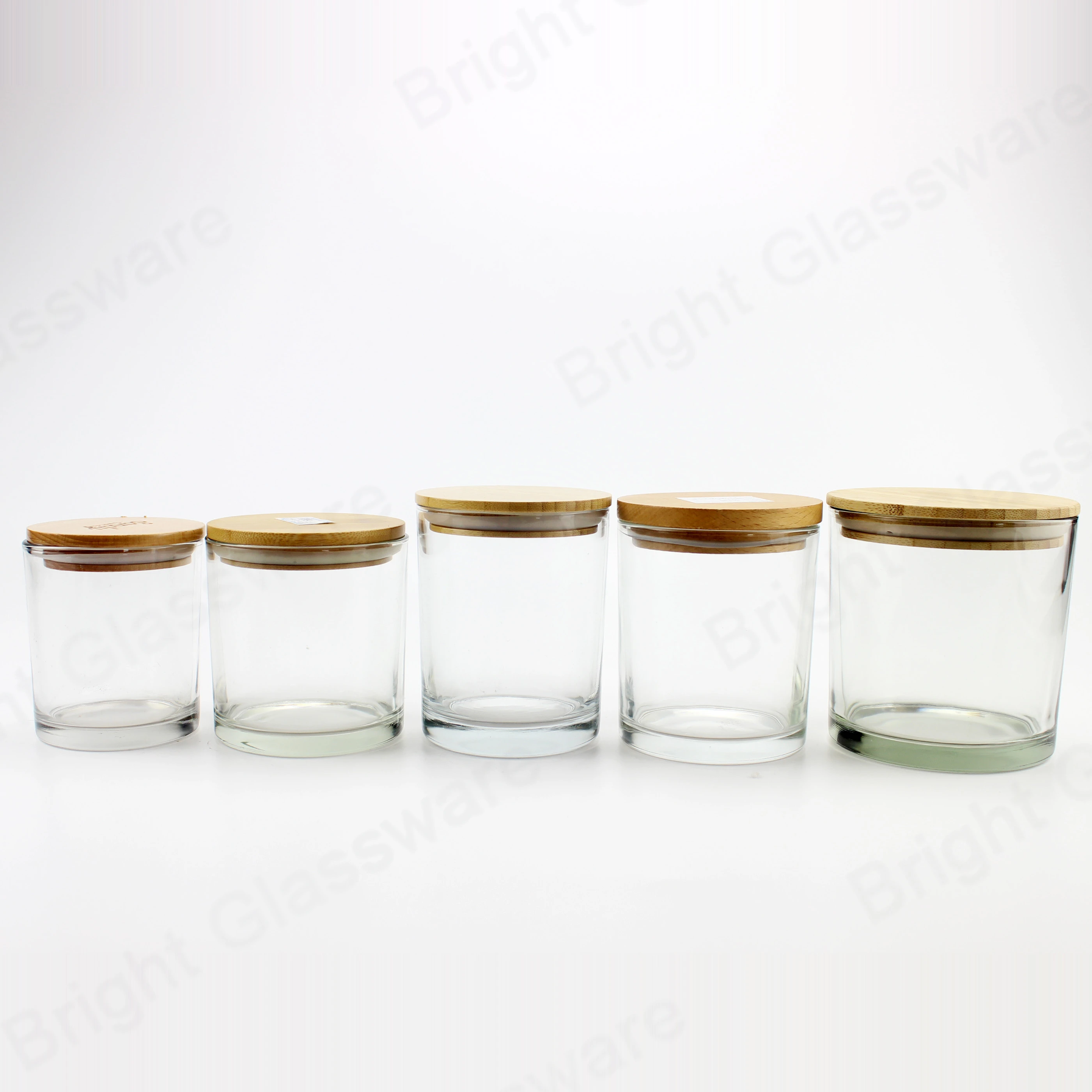 Оптовая продажа пустая Прозрачная Круглая Стеклянная банка для хранения с деревянными крышками