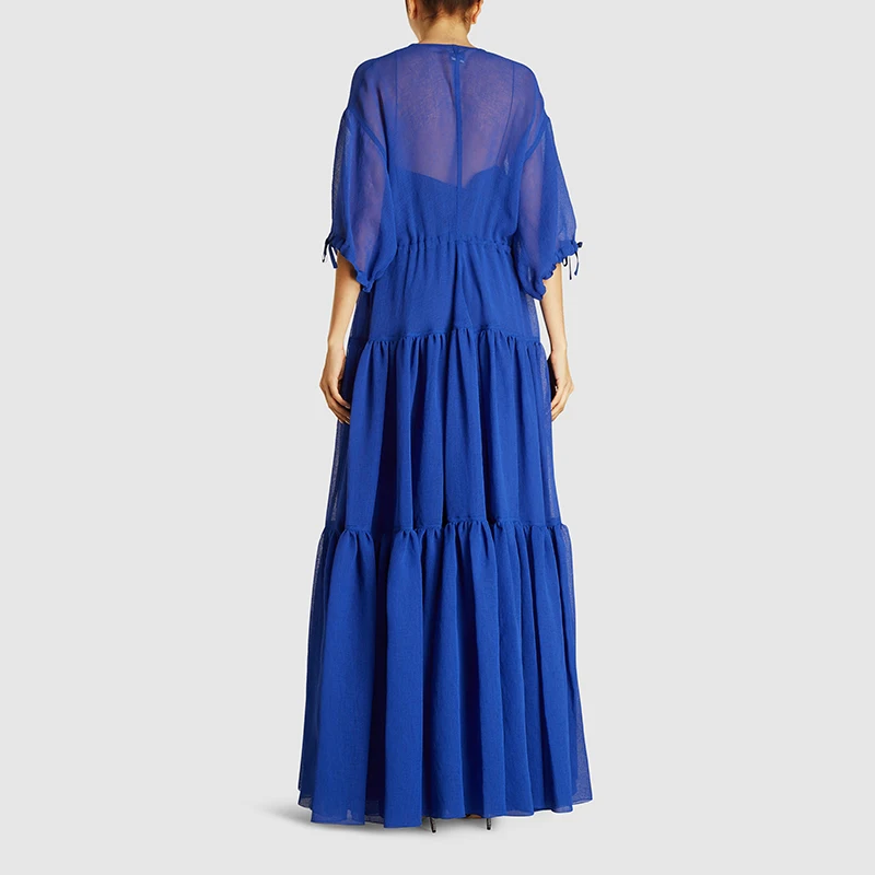 
Custom Wholesale Women Royal Blue Short Sleeve Organza Long Maxi Dress 