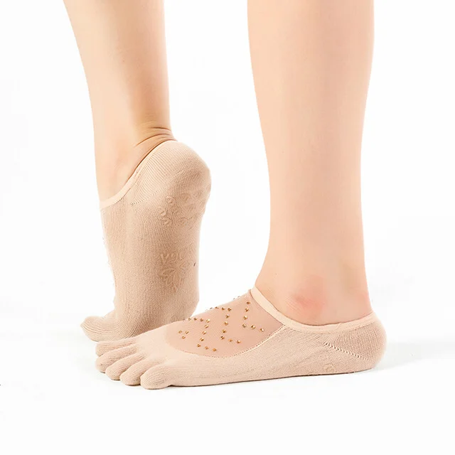 AJ18587 Combed Cotton Black Sparkle Sequins fish Net Anti Slip Yoga toe Socks women fish net yoga socks anti slip dots sole Set