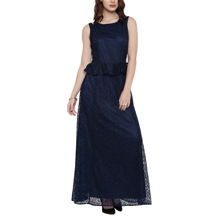 Latest Formal Deep V Back Cutting Navy Blue Patterns Of Lace Evening Dress