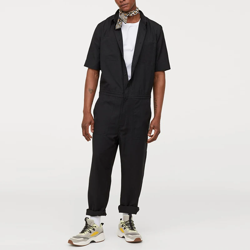 Модный комбинезон из хлопка и полиэстера для взрослых, мужской комбинезон с коротким рукавом, простая черная рабочая одежда, комбинезон для мужчин