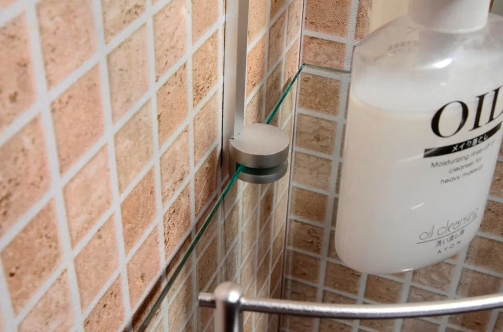 
hotel style bathroom accessories double tier triangle wall glass corner shelf 