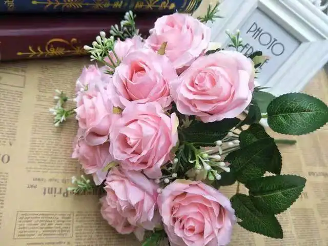 12 головок/1 букет шелковых роз цвета шампанского, букет невесты, Декоративные искусственные цветы