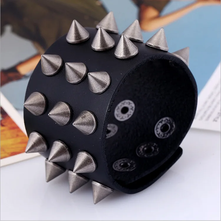 Unique Three Row Cuspidal Spikes Rivet Stud Wide Cuff Leather Punk Gothic Rock Unisex Bangle Bracelet