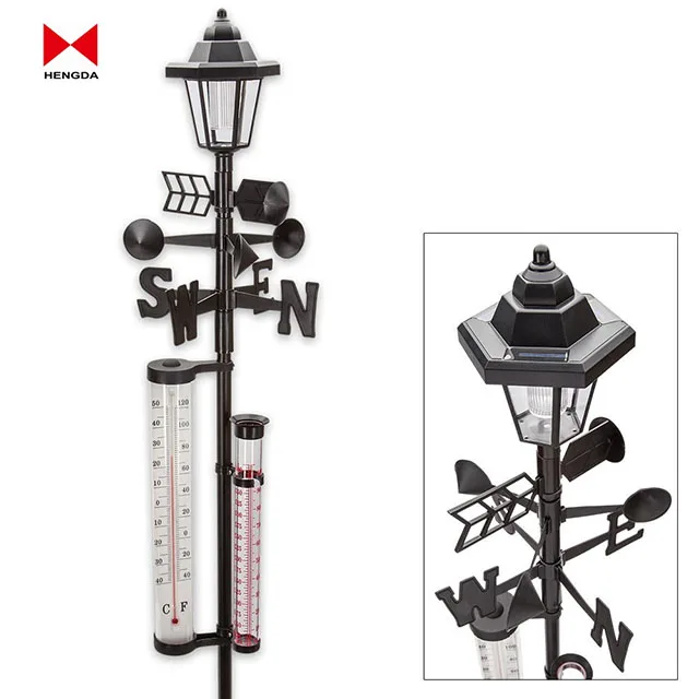 Eco-friendly  Rain Gauge Large Tube Thermometer Wind directional Solar Light Weather Station vane