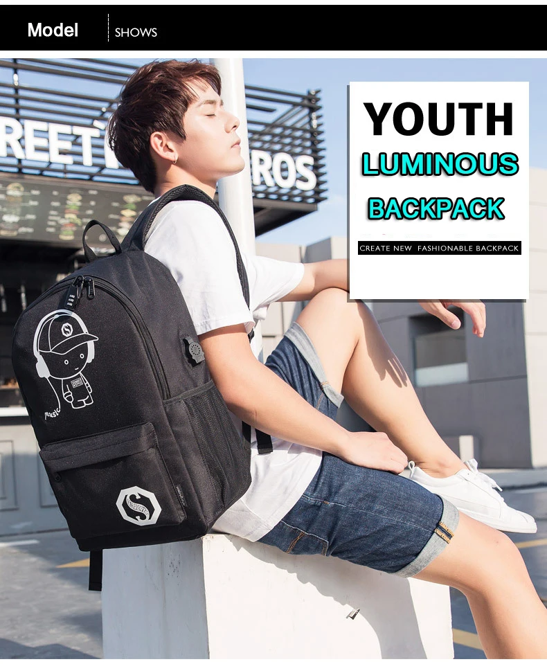 Glow In The Dark Polyester School Backpack For Teenager USB Charge Computer Anti-theft Laptop Backpack 14/15.6 Inch