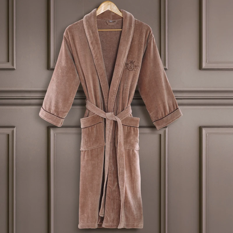 Hot Selling Custom Logo Shawl Collar Bath Robe 100% Cotton Velour Terry Bathrobe for SPA Resort Hotel