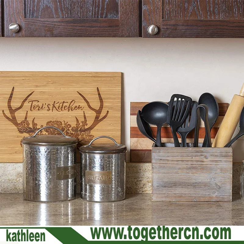 
Large Vintage Countertop Caddy Box With 2 Compartments Rustic Kitchen Utensil Holder 