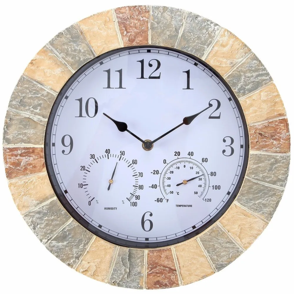 14 inch Faux Stone Outdoor garden Wall Clock with thermometer and HYGROMETER