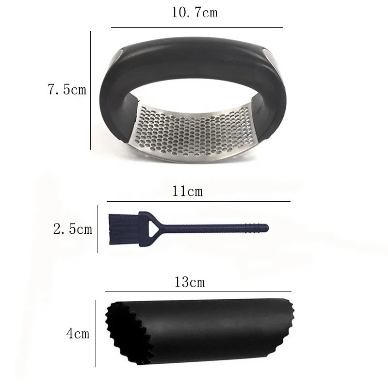 Wholesale 3-Piece Garlic Crusher Mill With Cleaning Brush Silicone Tube Peeler 18/8 Stainless Steel Garlic Press