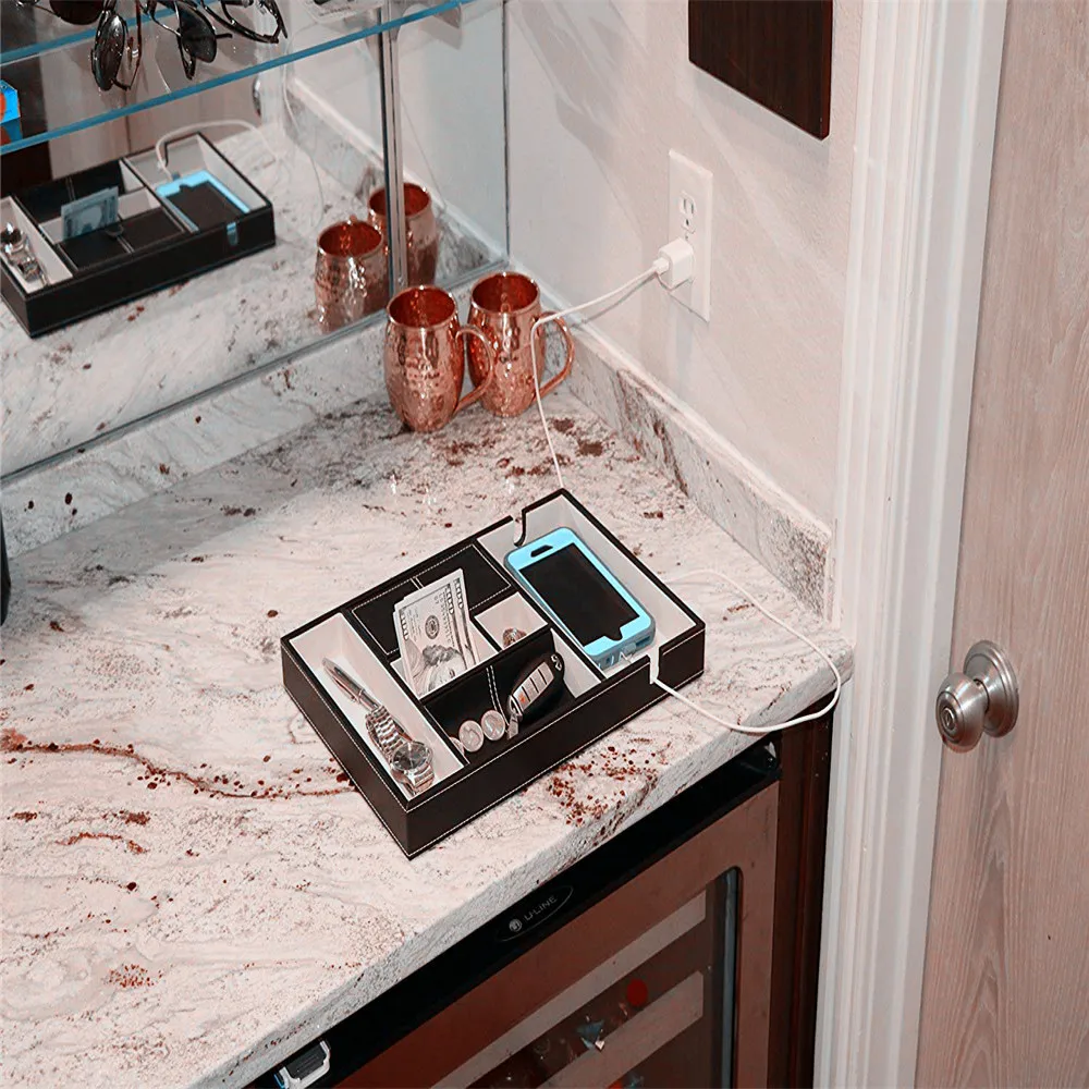 Office Desk PU Leather Valet Tray Organizer with Multi Compartment and Large Smartphone Charging Station