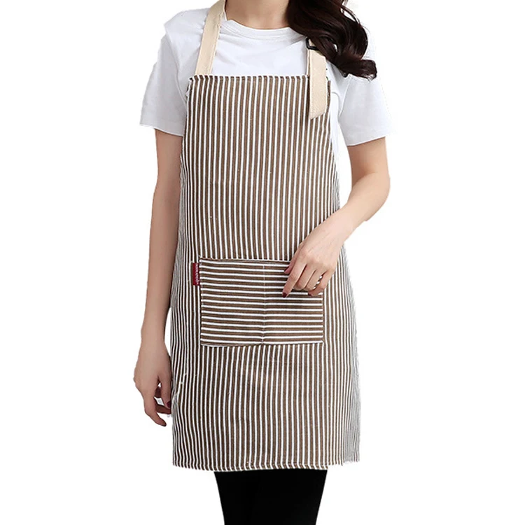 Custom Logo Cheap Washed Cotton Linen Striped Kitchen Apron For Women