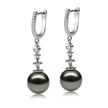 14K Gold Diamond Genuine Black Pearl Dangling Chandelier Clip Earring