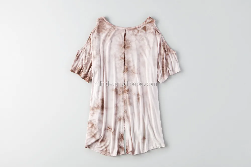 95% Rayon 5% Elastane Comfort Soft Sexy Keyhole Back Cold Shoulder Crew Neck Jersey Woman Summer Tie Dye T-Shirt