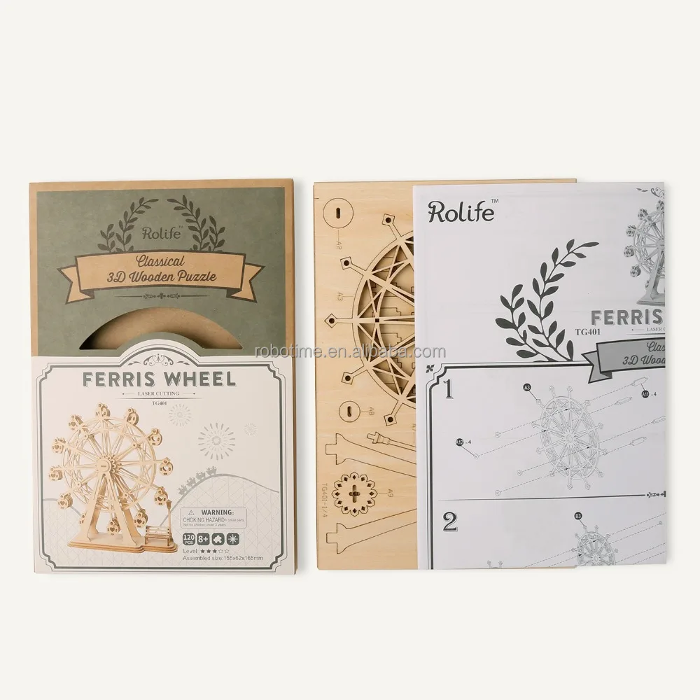 Robotime Custom Adult Children 3D DIY Jigsaw Game Assembly Model Educational Toy Ferris Wheel 3D Wooden Puzzle Wood Craft