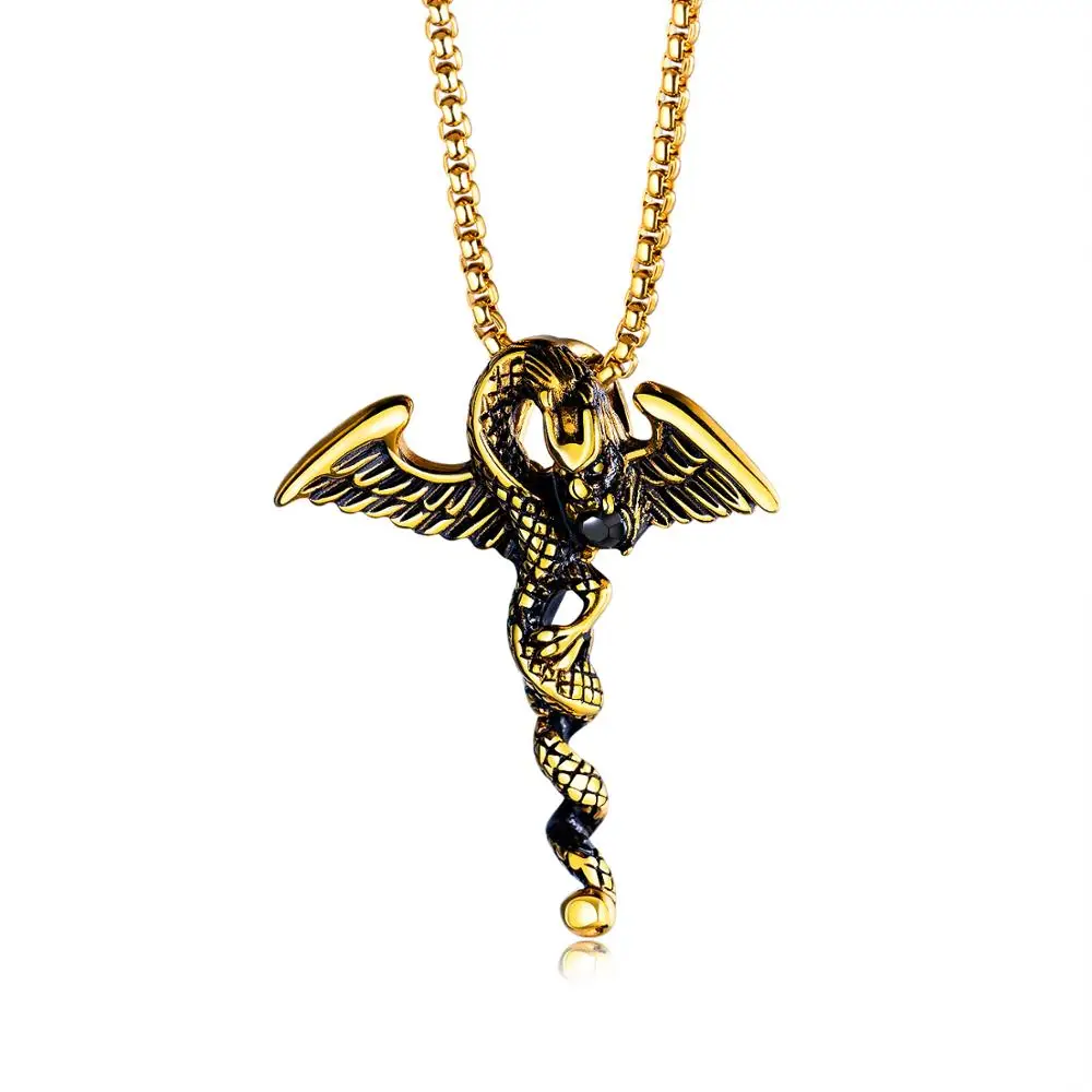 High polish gold necklace men steel dragon necklace pendant