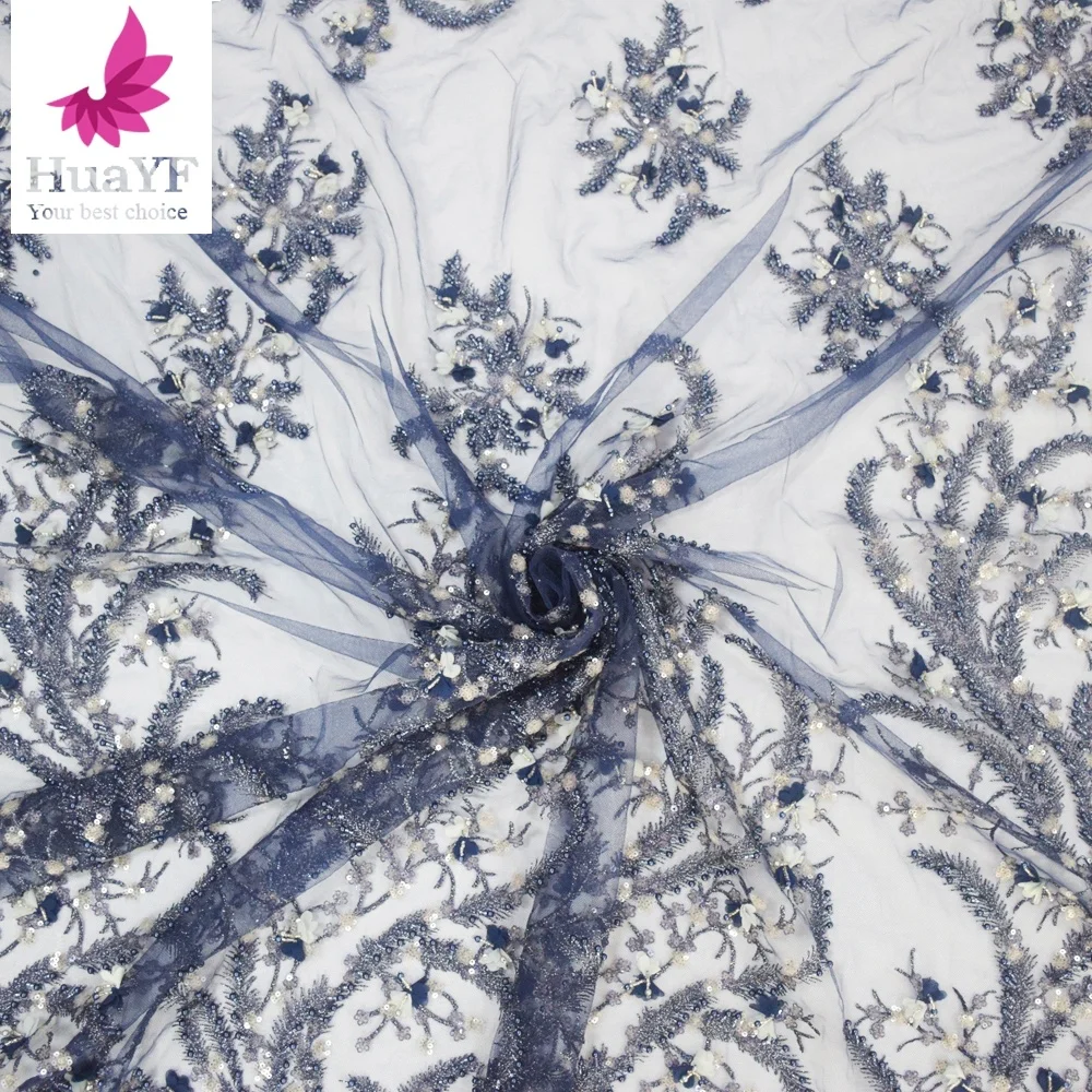Fancy Nave Blue 3d flower beaded lace sequin Embroidery french net lace for summer evening dress HY1069-6