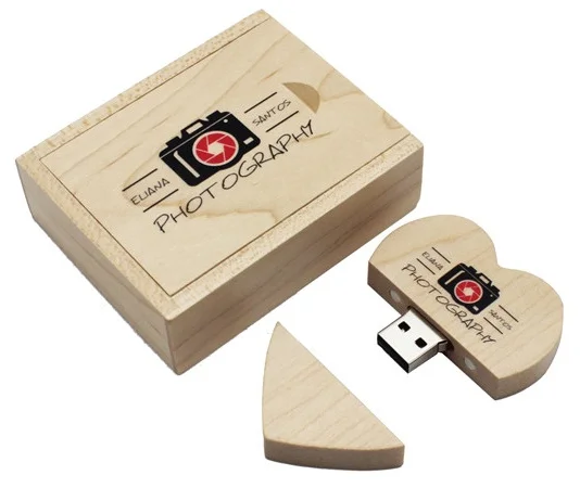 Heart Shape Printing Wedding Pattern Wooden Custom Usb Stick with Wooden Box Pendrive