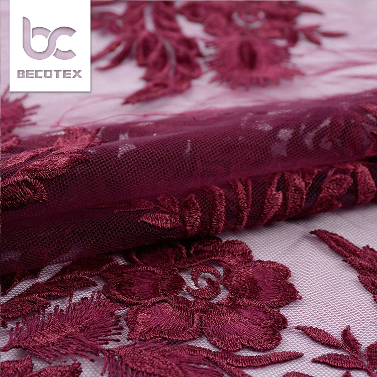 Wholesale wine red chemical border embroidery design evening dress fabric