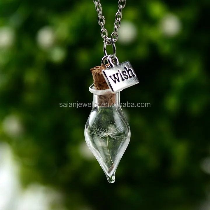 Natural dandelion seed glass bottle necklace long necklace Make A Wish Glass Bead Pendant