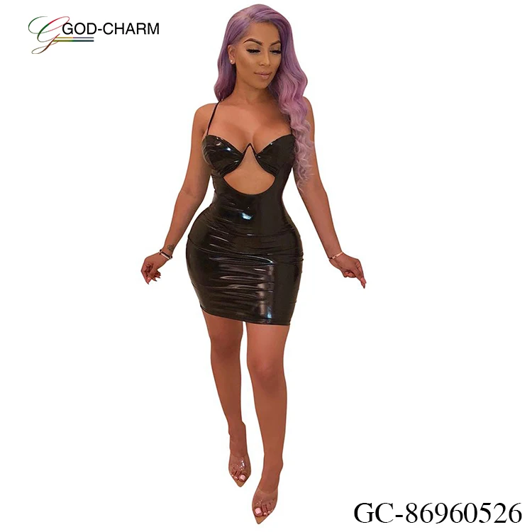 *GC-86960526 2022 new arrivals wholesale sexy women Good quality in-stock sexy plastic PU faux leather skinny mini club dresses