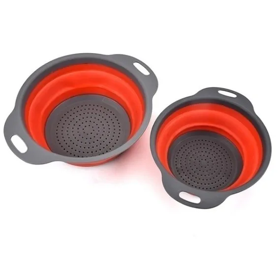 hot sale 2 Piece Folding Round Green Kitchen Colander Set Silicone Vegetable Fruit Basket Strainer