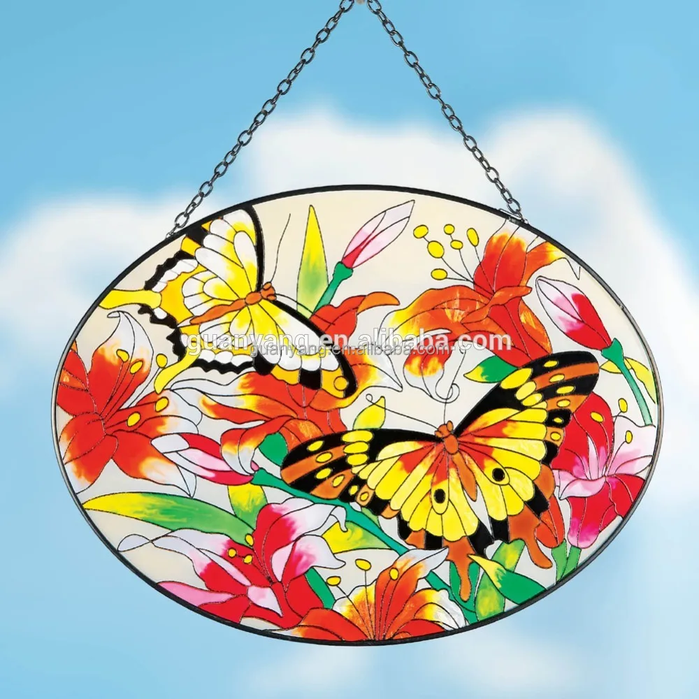 Stained Glass Suncatcher with Hummingbird and Flower Design