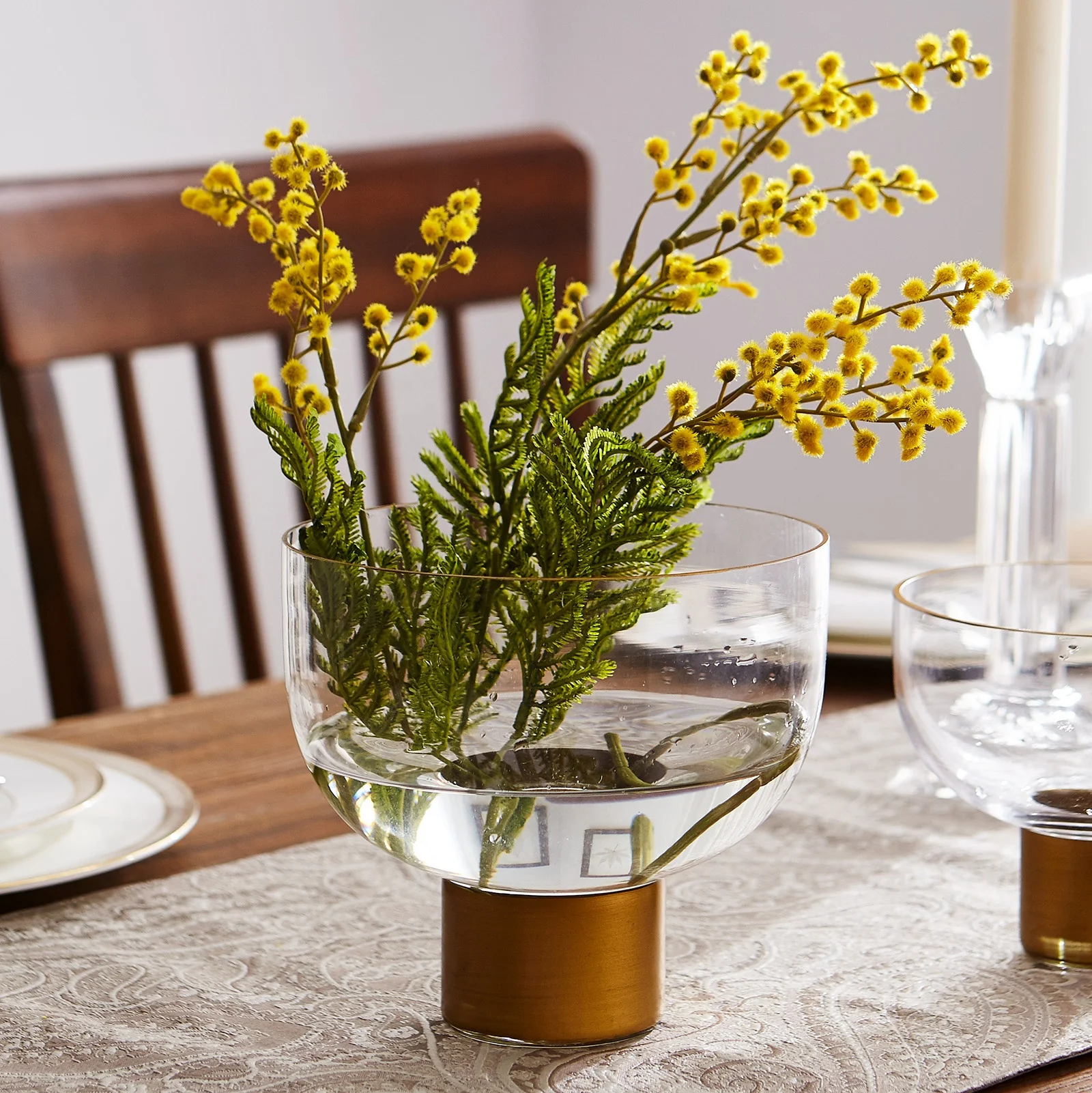 Bixuan Vases Clear Glass Flower Arrangement Vase with Brass Stand Decor Bowl Candleholder Table Centerpieces, 17x15.5CM