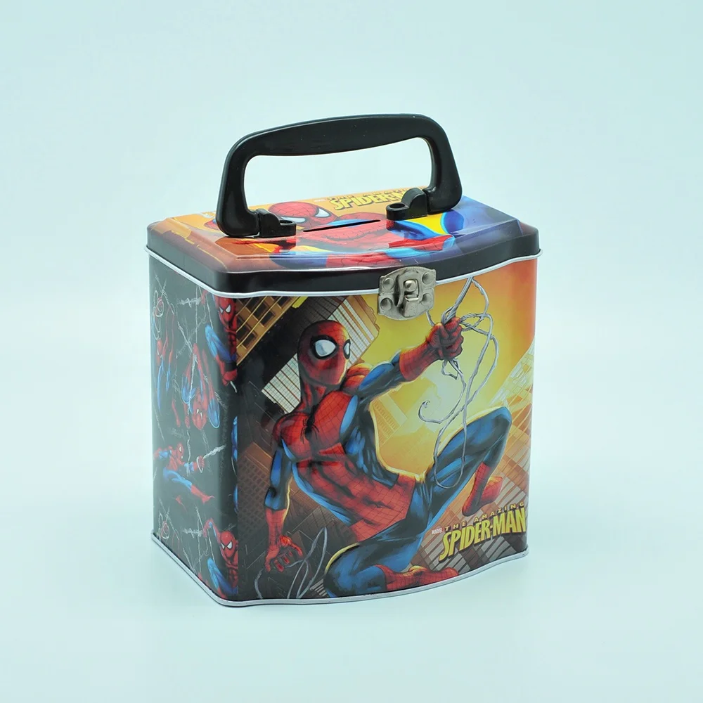 Tin box Spiderman castle money collection metal tin box  with handle
