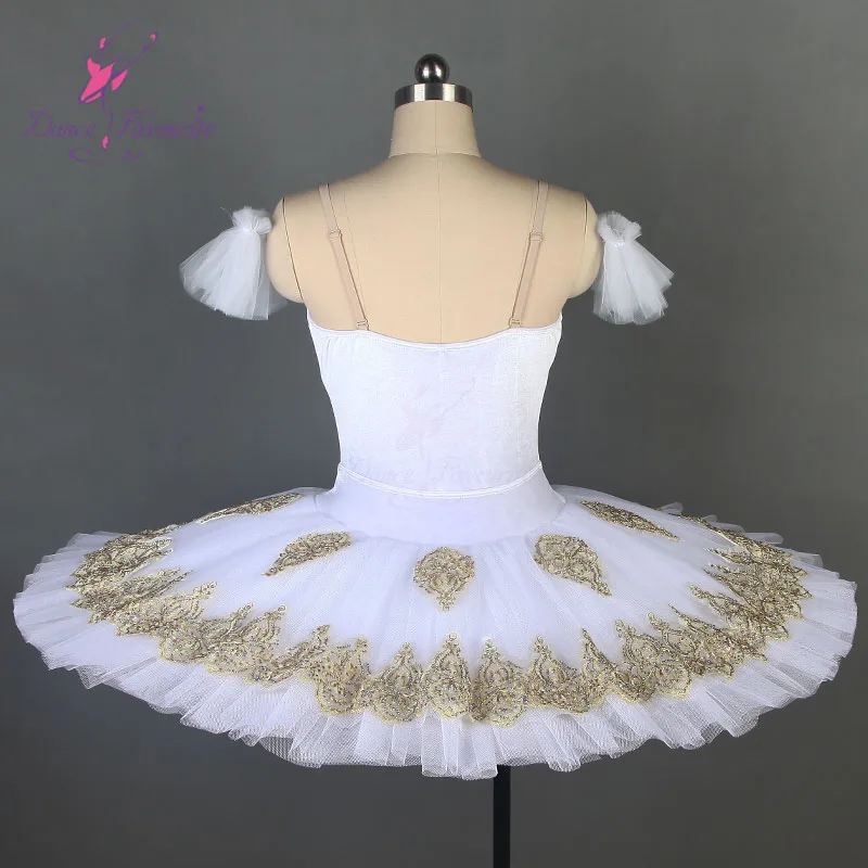 7 layers stiff tulle white professional ballet tutu with gold trim performance dance wear classic tutus dance costume BLL084