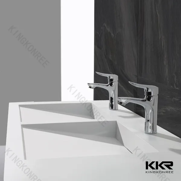 White stone bathroom vanity double sink / commercial bathroom double sinks