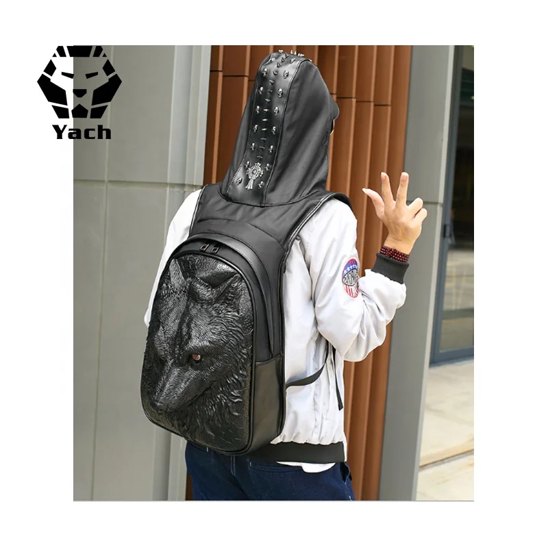 
Personality PU Fashion Animal Back pack Men Waterproof Silicone Schoolbag Stereo Tiger Head 3D silicone backpack with Hood cap 