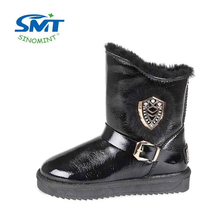 Cheap black durable waterproof cow leather wool lined women snow boots for winter