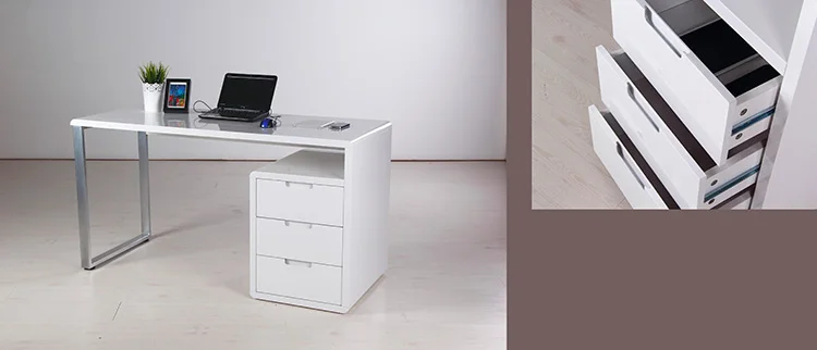 JUSTHOME wood mdf modern furniture white high gloss computer desk office table with cabinet PU desk