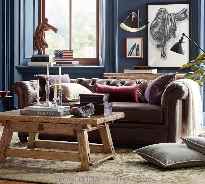 Antique Living Room Furniture Italy Chesterfield Brown Leather Sofa