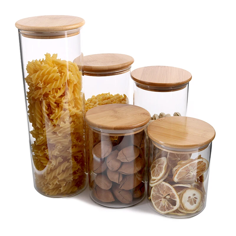 
Wholesale food grade glass storage jar pasta canister jar with bamboo lids for kitchen 